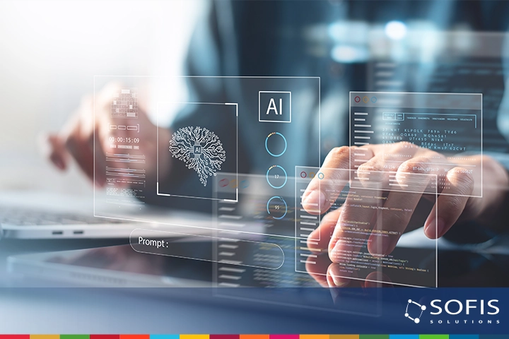 persona interactuando con interfaces digitales que representan inteligencia artificial, datos y programación